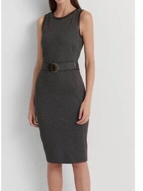 Ralph Lauren Charcoal Sleeveless Belted Midi Sheath Dress